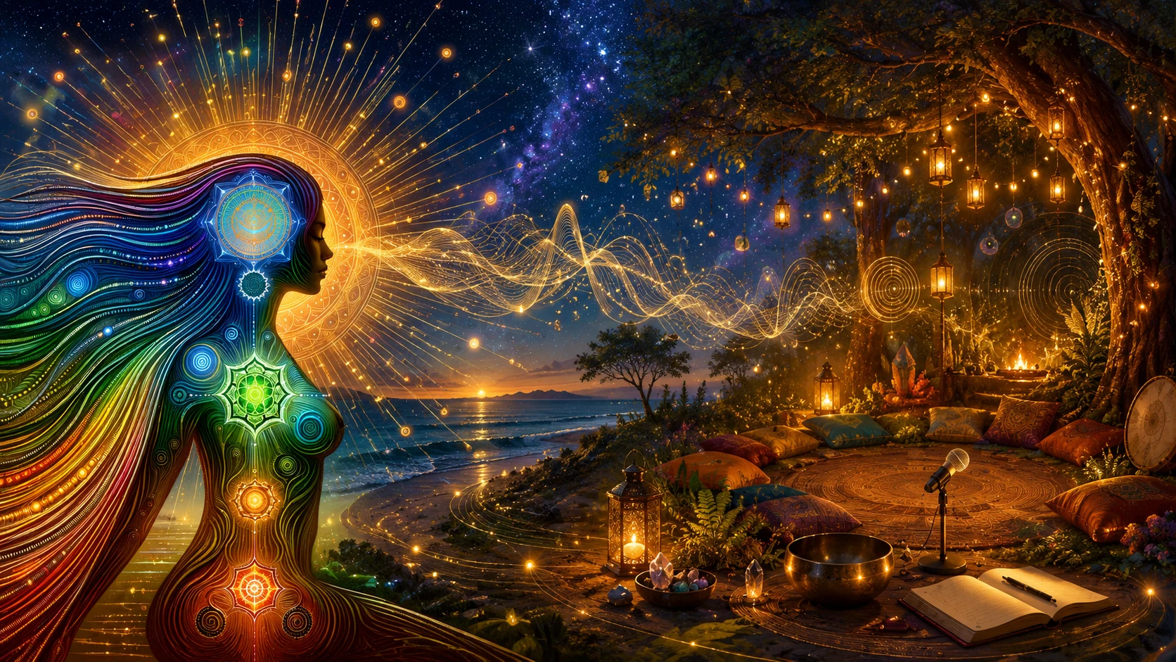 Rhythm to Remember — a luminous figure with the golden waveform carrying across the water into a lantern-lit grove